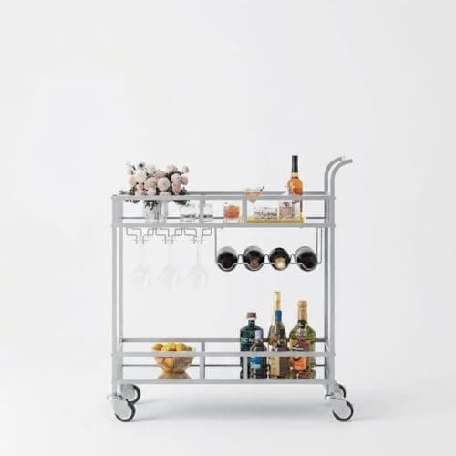 Image of Aptliton 2-Tier Rolling Bar Cart with Mirrored Shelves – Portable Metal Beverage Cart with Wine Bottle Racks & Glass Holders – Compact Serving Cart on Wheels for Home, Kitchen, Dining Room