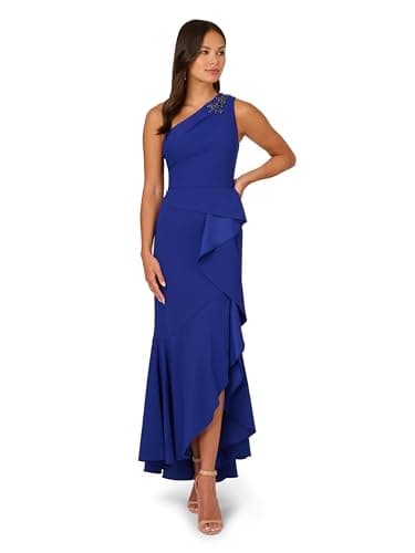 Image of Adrianna Papell Women's Beaded Knit Crepe Gown Special Occasion Dress, Royal Sapphire, 16