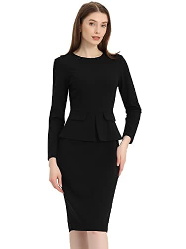 Image of Allegra K Women's Bodycon Dresses Round Neck Long Sleeve Casual Work Outfits Peplum Sheath Dress Black M