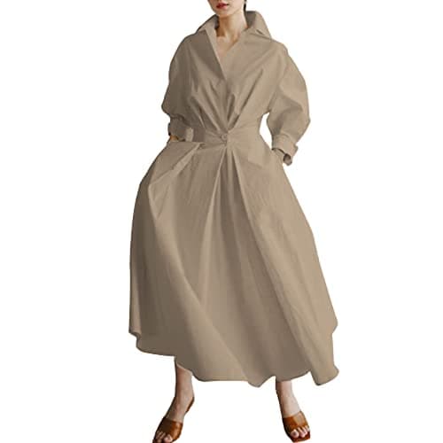 Image of Women Maxi Shirt Dress Long Sleeve Button Smocked Waist Long Dress Loose Swing Party Dress with Pockets (Coffee, X-Large)