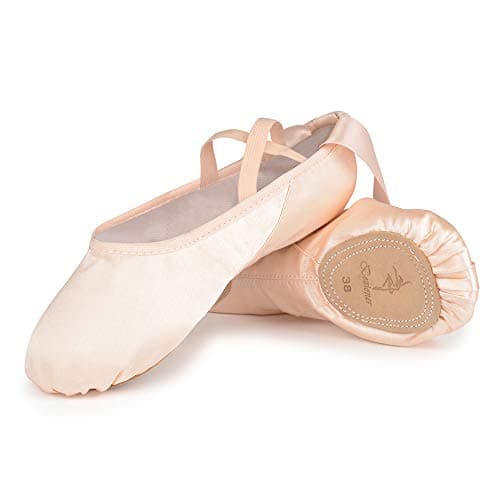 Image of Satin Ballet Dance Shoes Split Leather Sole Pink Ballet Slippers Flats with Ribbon Gymnastics Shoes for Girls Women 36 EU=3.5 UK