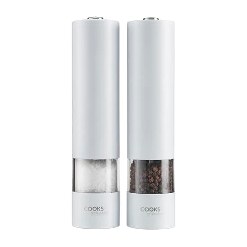 Image of Cooks Professional Electric Salt and Pepper Mill Set | Battery Operated Automatic Grinders with Adjustable Course & Fine Grinding & One Touch Operation | Condiment Seasoning Grinder | White