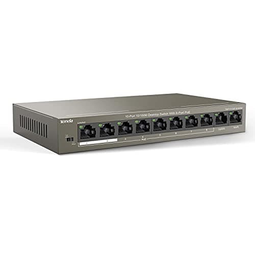 Image of Tenda TEF1110P-8-63W PoE Switch 10-Port/100M Ethernet Network Switch, Hub, 8 PoE Ports up to 30 W for each PoE Port and 58 W for all PoE Ports, 6 kV Lightenning Protection, Plug and Play
