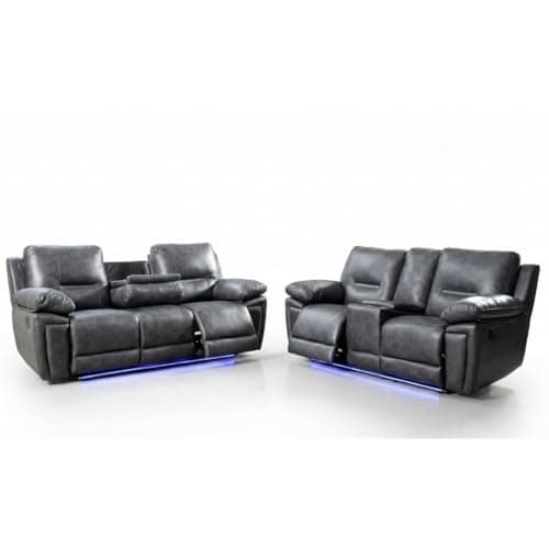 Image of Sara Leather Electric Recliner Sofa With Cupholders - Leather Corner Sofa - 3+2 Seater - USB Charging Ports - LED Lights - Grey (3+2 Seater)