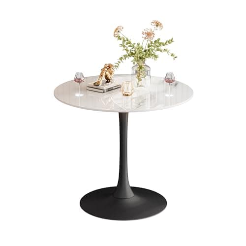 Image of FATIVO Kitchen Dining Table Marble Tabletop: Round 76cm Modern Sintered Stone High Gloss Snow Mountain White Marble Top Dinner Tables with Black Round Pedestal Base for Home Coffee Shop Restaurant