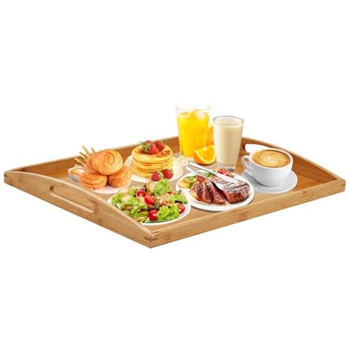 Image of Extra Large Wooden Trays for Food Serving, Rectangular Bamboo Serving Tray with Handles for Eating Breakfast Dinner, Wooden Tray for Serving Tea Coffee Snack (50 x 40 CM)