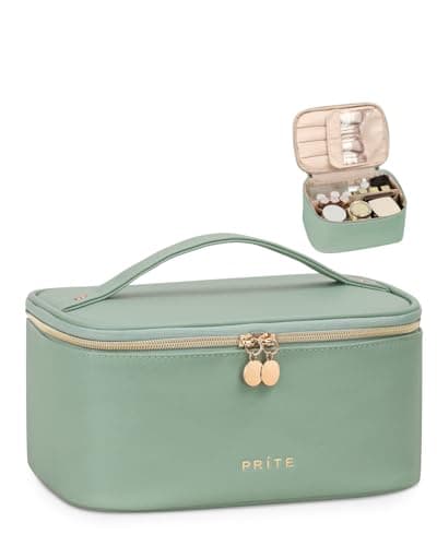Image of Prite Large Makeup Bag for Women Travel Cosmetic Case Waterproof Leather Toiletry Bag Portable Make Up Organiser Pouch with Handle and Removable Divider (Green)
