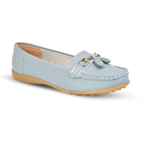 Image of Ladies Loafers Flats Wide Leather Tassle Cushioned Casual Slip On Womens Nautical Boat Comfort Shoes (Blue, UK Footwear Size System, Adult, Women, Numeric, Wide, 7)