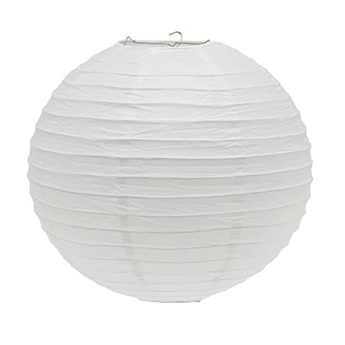 Image of 40cm Round White Paper Light Shade Lantern | Classic Bamboo Style Ribbed Paper Lampshade | Hanging Circle Ceiling Lightshade