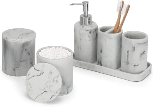 Image of ZCCZ White Bathroom Accessory Set 6 Pieces - Organiser With Toothbrush Holder, Lotion Soap Dispenser, Vanity Tray and 2 Q-tip Holders - Modern Decor Accessories