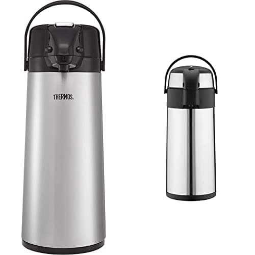 Image of Thermos 184625 Lever Action Pump Pot, 2.5 L Black & Pioneer Flasks SS50R Stainless Steel Airpot Hot Cold Water Tea Coffee Dispenser Conference Event Flask, Satin Finish, 5 litres