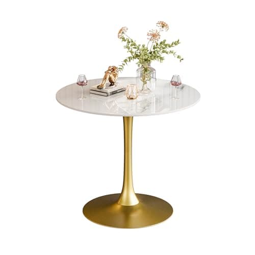 Image of FATIVO Kitchen Dining Table Marble Tabletop: Round 76cm Modern Sintered Stone High Gloss Snow Mountain White Marble Top Dinner Tables with Golden Round Pedestal Base for Home Coffee Shop Restaurant