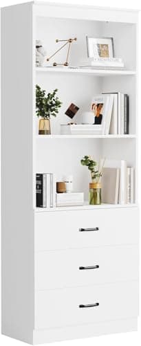 Image of oneinmil Bookcase with 3 Drawers, Tall Bookshelf Display Rack with 3-Tier Open Shelves, Storage Shelves for Home Office, Living Room, Bedroom, White, 6 Tier
