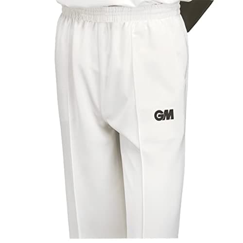 Image of Gunn & Moore GM, Cricket Trousers, Athletic Fit Elasticated Waist 2 Pockets, Quick Drying & Enhanced Moisture Management, Off White with GM Logo, S Boys - Waist 25-26" Unfinished Hem
