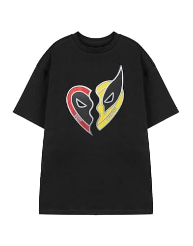 Image of Marvel Deadpool & Wolverine Mens T-Shirt | Adults Black Short Sleeve Heart Chain Best Friends Graphic Tee | Superhero Comedy Fan Apparel Top | 2024 Movie Comic Book Merchandise Gift