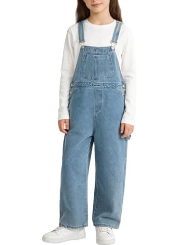 Image of Rolanko Girls Jeans Bib Overalls, Baggy Denim Dungarees Jumpsuit for Big Kids, Blue Pocket, Tag Size:160