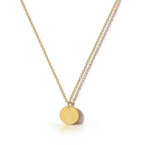 Image of HANLI Sun Necklace for Women 14k Gold Plated Dainty Disc Sun Pendant Gold Coin Necklace Minimalist Simple Jewelry