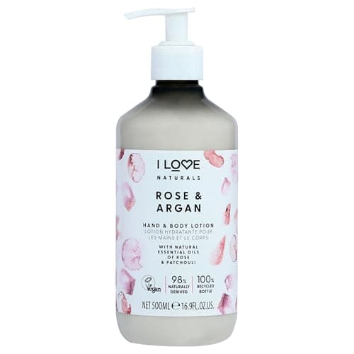 Image of I LOVE Naturals Rose & Argan Hand & Body Lotion – Enriched with Shea Butter, Rose & Patchouli Oils – Silky Smooth Hydration – Nourishing, Soothing & Vegan-Friendly Skincare for Soft Skin 500ml