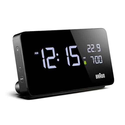 Image of Braun Digital Alarm Clock with LCD Display, 2x USB-C ports for charging of other devices, Time and Date Display, Touch Snooze, Quick Set, in Black, model BC20B.