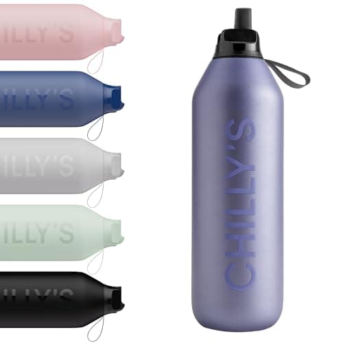 Image of Chilly's Series 2 Flip Water Bottle with Sports Lid - Vacuum Insulated Stainless Steel Water Bottle with Straw, Carry Loop, & Cleaning Brush - No Sweat - 1000ml - Lavender