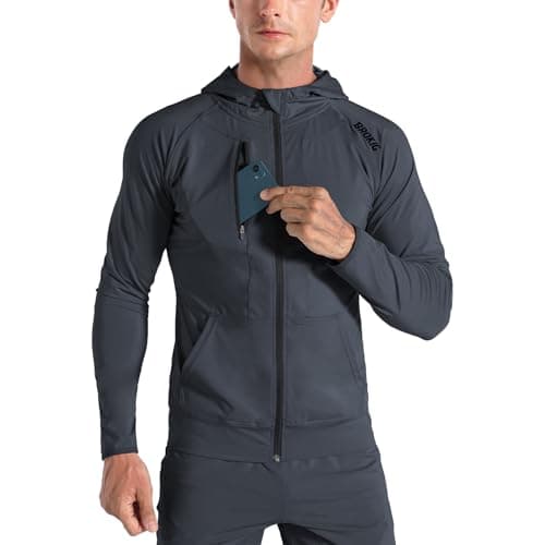 Image of BROKIG Mens Zip Hoodies, Lightweight Running Gym Jacket Training Tracksuit Sports Tops with Pockets (Dark Grey, XX-Large)
