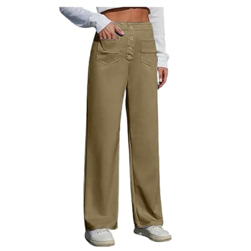 Image of Wide Leg Trousers for Women UK Tailored Office Work Stretch Yoga Pants Ladies Elasticated High Waisted Button Multiple Pockets Pull On Straight Leg Jogger Bottoms Casual Leisure Trousers Beige