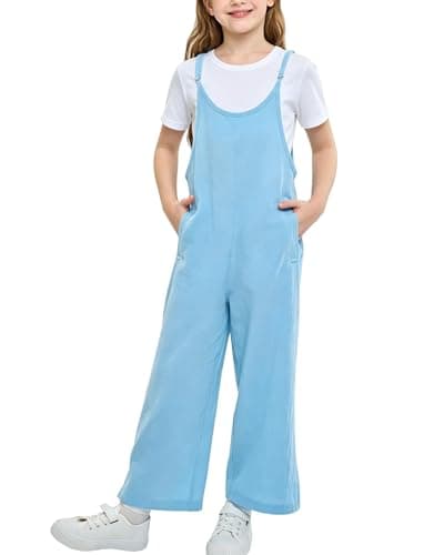 Image of Rolanko Girls Jumpsuit Adjustable Spaghetti Strap Loose Overalls Rompers, Cotton Baggy Plain Playsuits with Pockets for Age 5-12 Years, Light Blue, Size: 8-9 Years, 140