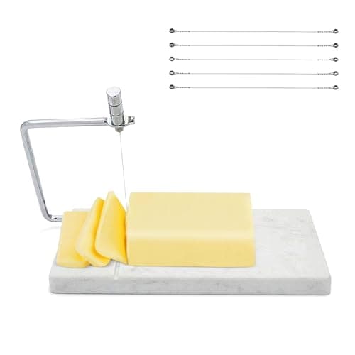 Image of Yeqqzq Cheese Slicer, Heavy Duty 5"x 8" Cheese Cutter with 5 Raplacement Wires, Polished Marble Cheese Slicer Board for Block Cheese Butter, Easy to Replace