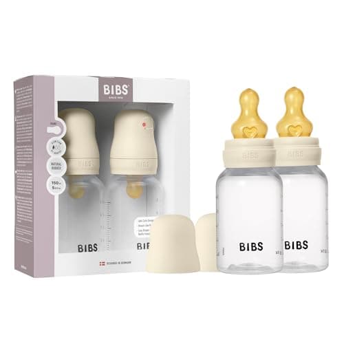 Image of BIBS Baby Bottle 150 ml Pack of 2 Natural Rubber Teats - Baby Bottle Set Anti-Colic BPA Free Slow Flow Lightweight and Easy to Clean Suitable for Newborns from 0 Years - Ivory