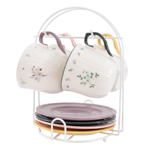 Image of 9 Piece Floral Teacup and Saucer Set with Hanging Rack – 4 x 220ml Tea Cups with Matching Saucers Space Saving Metal Storage Stand Vintage Style Coffee Cup Set for Kitchen Counter Display Gift Present