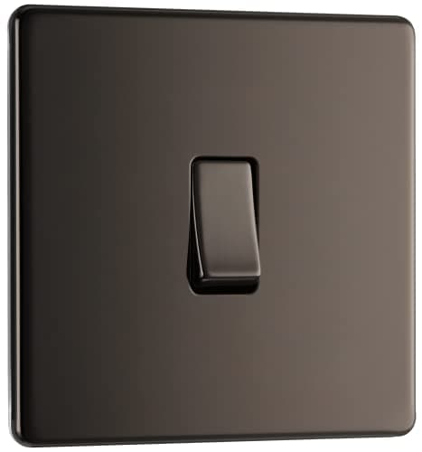 Image of BG Electrical Single Wall Light Switch, 2 Way, Screwless Front Plate, Slim Profile, Premium Flatplate, Black Nickel, 20A, 16AX, FBN12
