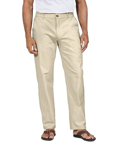 Image of YAOHUOLE Men's Cotton Linen Trousers Loose Fit Casual Summer Beach Trousers Yoga Waist with Pockets Khaki XL