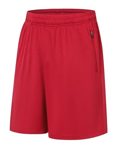 Image of Ewbob Boys Sports Shorts Kids Running Football Gym PE Shorts Quick Dry Lightweight with Zip Pockets and Drawstring Waist for Tennis Lounge Basketball Rugby C19 Red 7-8Y