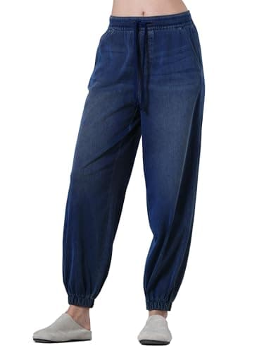 Image of LaiEr Women's Cuffed Jeans Mid Rise Drawstring Elastic Waist Tapered Fit Casual Relaxed Supple Stretch Denim Suitable for Sports Yoga Stylish Wear for Everyday(MediumDarkBlueL)