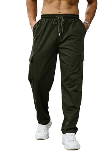 Image of Halfword Cargo Joggers Men Jogging Trousers Sweatpants Training Track Cotton Open Bottom Lounge Pants Pockets Green XL