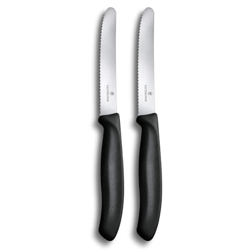 Image of Victorinox Swiss Classic, Breakfast Knife, Bread roll Knife, Sharp Blade, Serrated Edge, 11 cm, Plastic Handle, Stainless Steel, Set of 2, Black