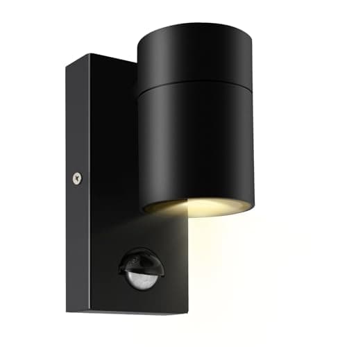 Image of Kerry Outdoor Motion Sensor Wall Lights, Downward Outside Lighting Mains Powered, IP44 Black Stainless Steel Downlight, Exterior PIR Detector Security Fixture for Front Door, Porch, Garden, Patio
