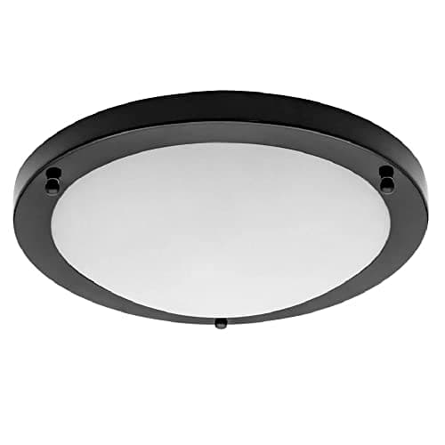 Image of Matt Black & Opal White Glass Bathroom Modern Round Flush Ceiling Light | 31cm Diameter | 2 x ES E27 Lamps Required | IP44 Rated | Suitable for Outdoor Use