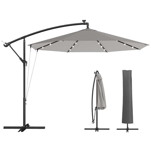 Image of Outsunny 3 m Cantilever Parasol with Solar LED Lights, Garden Umbrella with Protective Cover and Wind Ropes, Hanging Offset Banana Parasol with Cross Base and Crank Handle, Light Grey