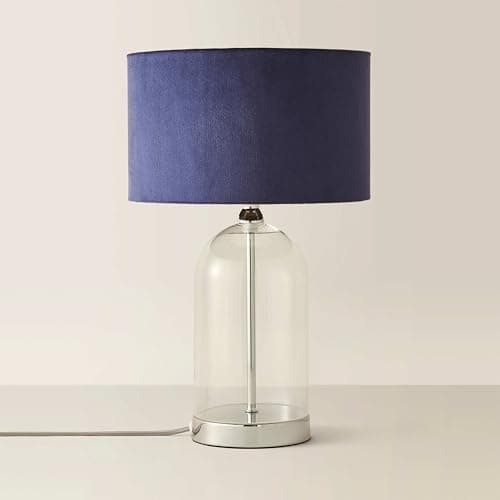 Image of ValueLights | Glass and Silver Chrome Metal Table Lamp with a Navy Blue Velvet Lampshade | Home Décor, Bedside & Desk Lamp