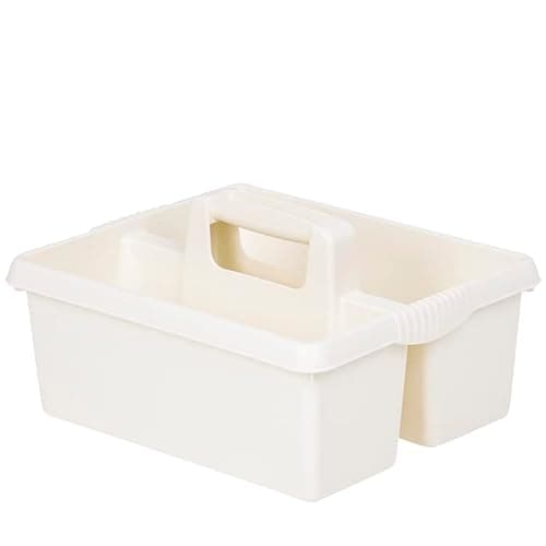 Image of Cleaning Caddy With Handles Plastic Caddy Tidy organiser Cleaners Carry All Tote Tray Basket with Multi Compartment Cleaning Tool Utility Caddy For Kitchen Storage Bathroom Housekeeping (Soft Cream)
