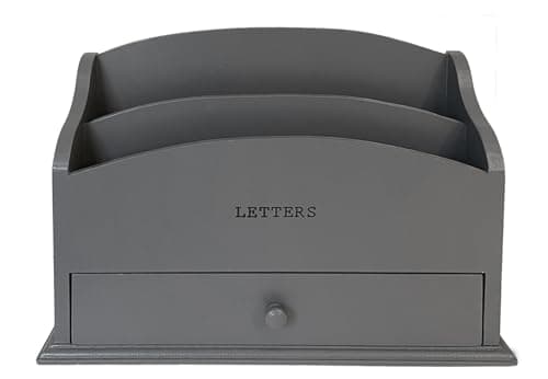 Image of GreyZouq Wooden Letter Rack. Home office, study, hallway study. Two compartments for letters and handy drawer for stationary storage. Vintage/contemporary LETTERS typed text (dark grey)