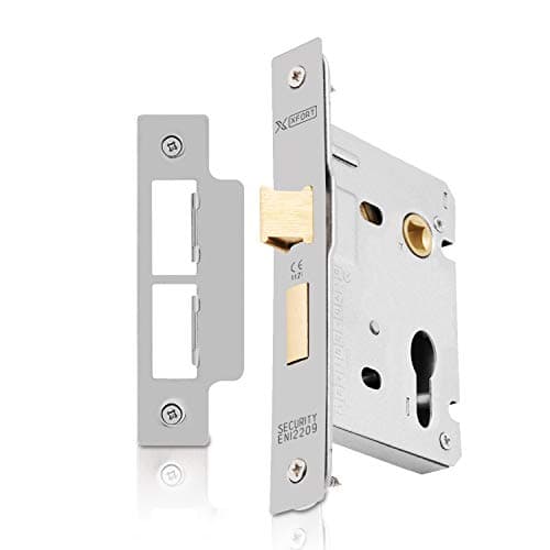 Image of XFORT® Satin Chrome Euro Profile Sashlock 75mm for Internal and External Doors, Door Latch Mechanism With Key Locking Security, CE Approved and Fire Rated Protection