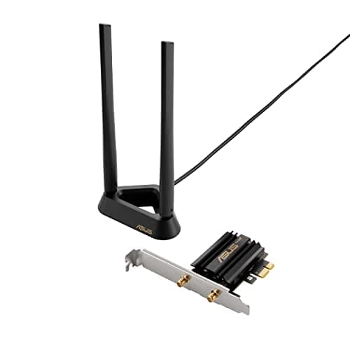 Image of ASUS PCE-AXE59BT WiFi6 6E AX5400 PCI-E Adapter with 2 External Antennas and magnetized Base. Supporting 6GHz Band, 160MHz, Bluetooth 5.2, WPA3 Network Security, OFDMA and MU-MIMO