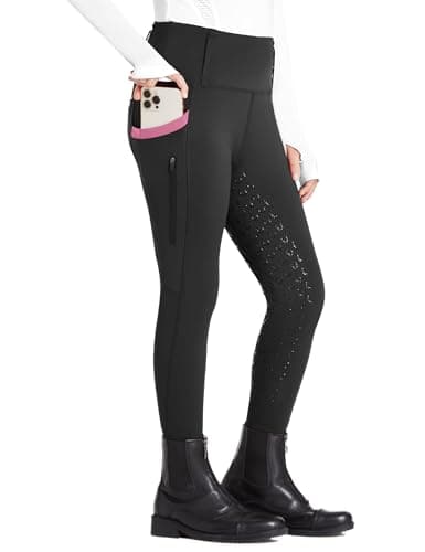 Image of FitsT4 Sports Kids Riding Breeches Girls Riding Leggings Silicone Full Seat High Waist Riding Pants with 2 Side Zip Pockets and Belt Loops Blackpink M