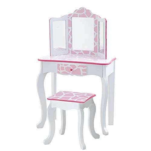 Image of Teamson Kids Princess Gisele Giraffe Print 2-Piece Kids Wooden Play Vanity Set with Vanity Table, Tri-Fold Mirror, Storage Drawer, and Matching Stool, White with Pink Animal Print Accent