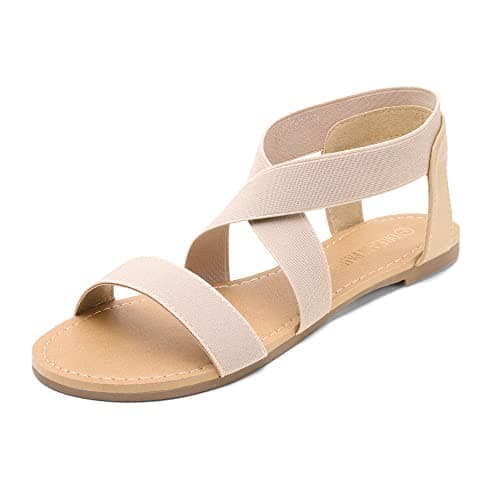 Image of DREAM PAIRS Women's Elastic Ankle Strap Flat Sandals Summer Dressy Shoes Cute Strappy Gladiator Sandals ELATICA-6,Size 8,Nude,ELATICA-6