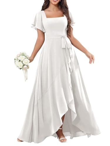 Image of KIYNE Ivory Bridesmaid Dresses with Sleees High Low Chiffon Maid of Honor Wedding Guest Dress for Women UK6