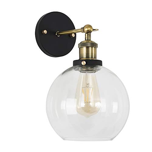 Image of MiniSun | Industrial Style Black and Gold Wall Light with an Amber Tinted Clear Glass Globe Shade | Wall Lamps & Sconces, Home Décor Essential | Includes Bulb [2700K Warm White] | Mains Wired