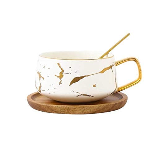 Image of Eplze YBK Tech Porcelain Tea Cup Coffee Mug Set for Afternoon Tea - Marble Pattern (White, Short 300ml + Wood Saucer)